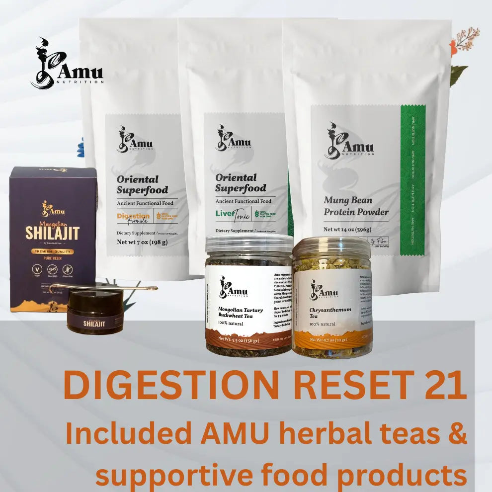 AMU herbal teas and food products included in the 21-Day Digestion Reset Program - Shilajit, Mongolian teas & superfood