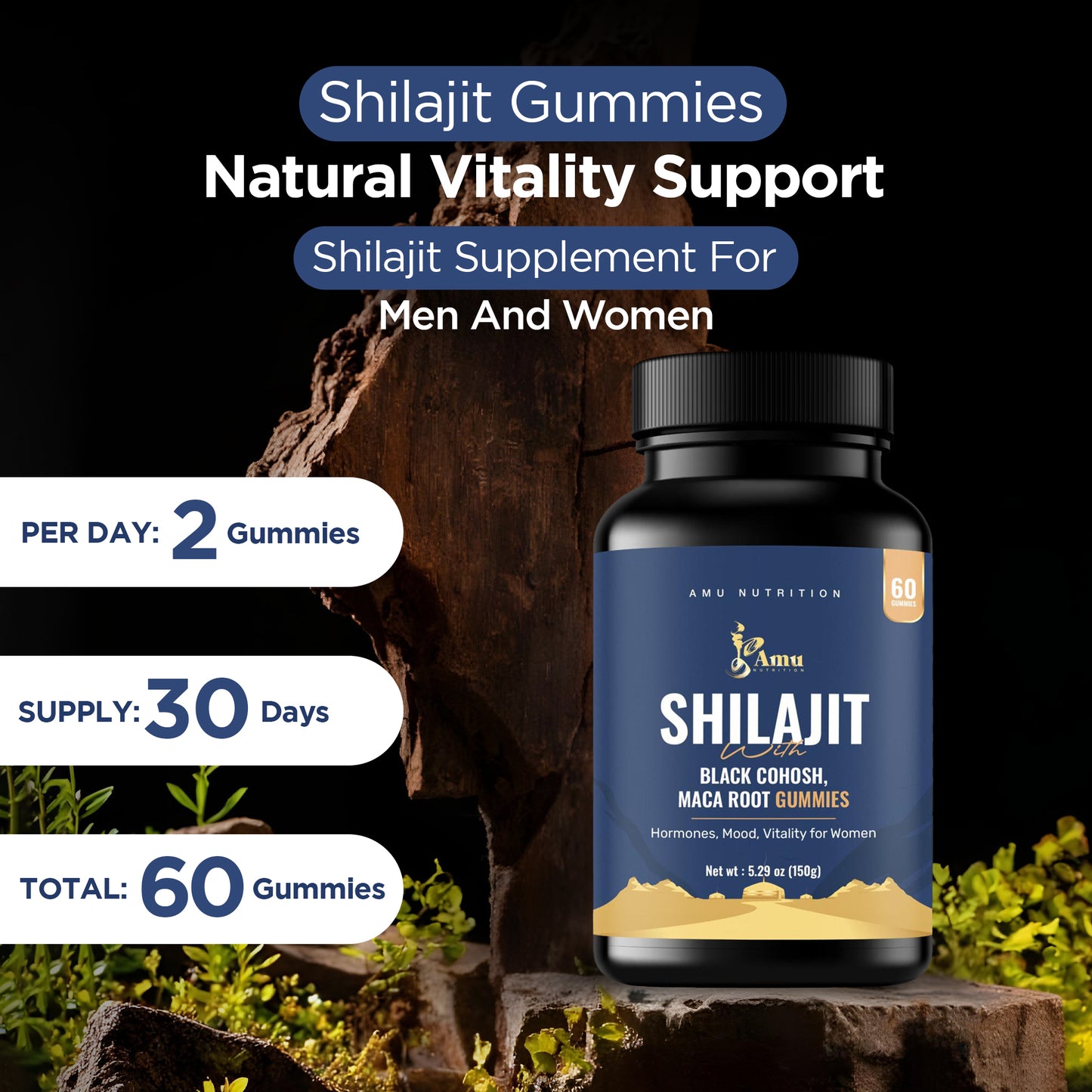Shilajit with Mace root, Black Cohosh Gummies for Pre-Menopause, Menopause, Post-Menopause Women– 60 ct