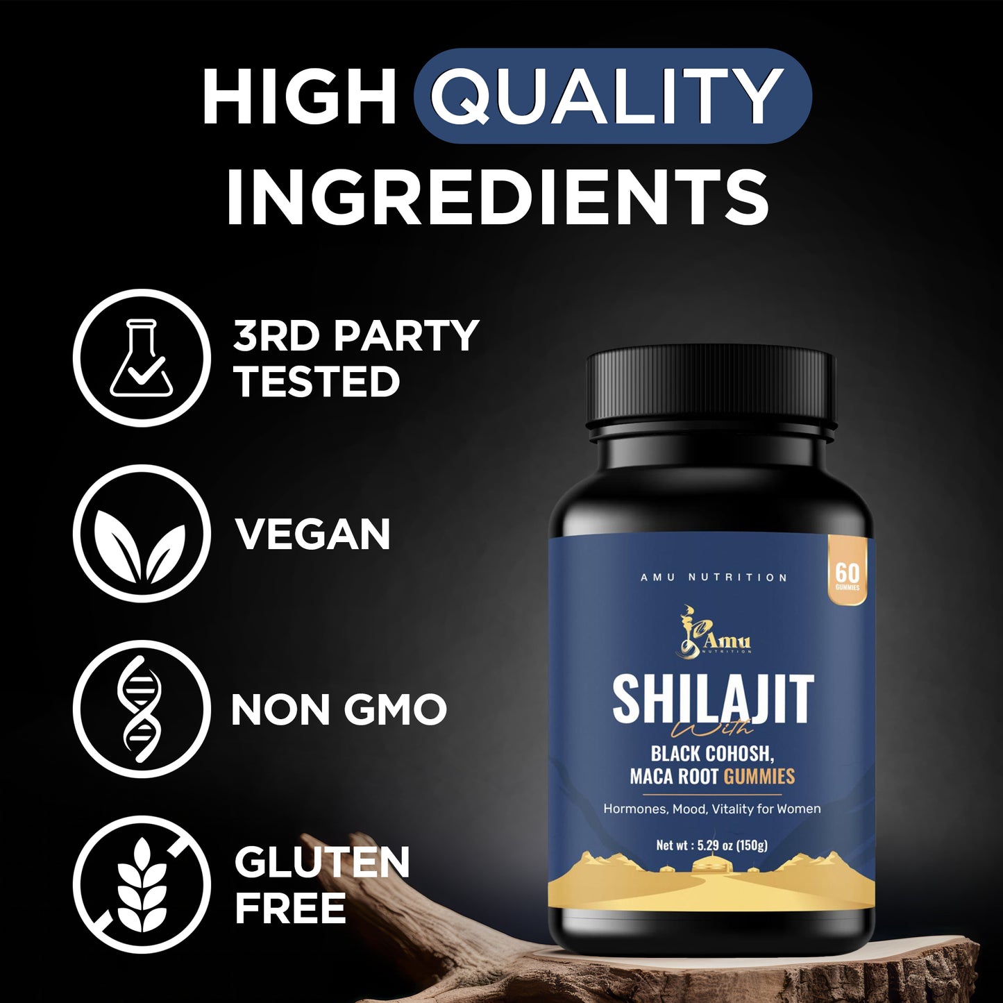 Shilajit with Mace root, Black Cohosh Gummies for Pre-Menopause, Menopause, Post-Menopause Women– 60 ct