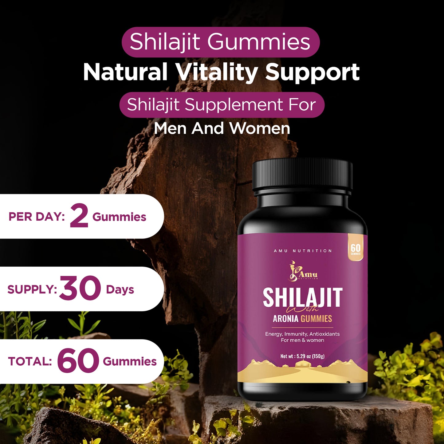 Shilajit with Aronia Gummies for Men & Women 60 ct