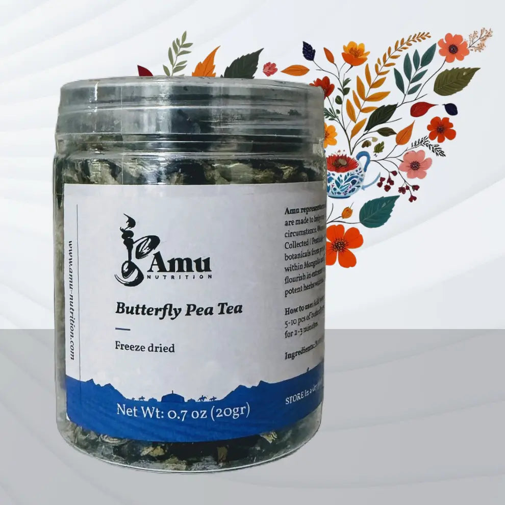 Jar of Amu Nutrition Butterfly Pea Tea with decorative floral elements on a white background
