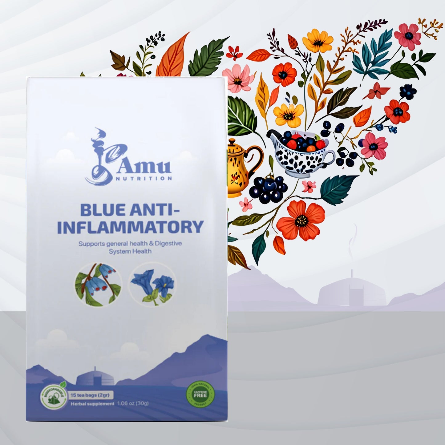 Blue Anti-Inflammatory Tea with Butterfly Pea, Black Gojiberry- 15 Sugarcane tbgs Amu – Unique combination of Ancient wisdom & Modern Nutrition