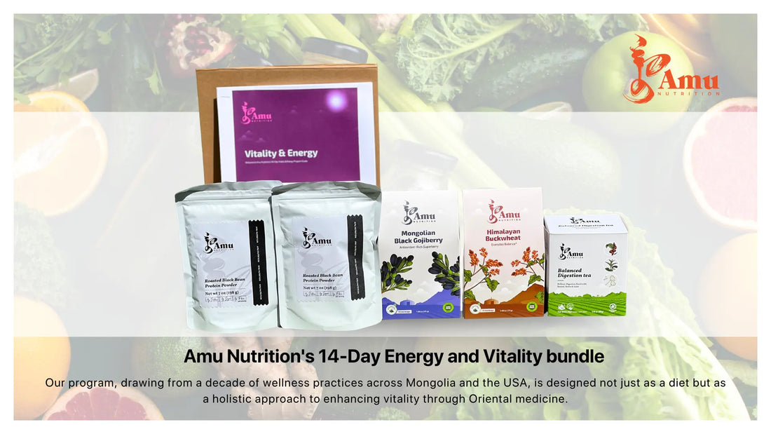 Amu Nutrition's 14-Day Energy and Vitality bundle Our program, drawing from a decade of wellness practices across Mongolia and the USA, is designed not just as a diet but as a holistic approach to enhancing vitality through Oriental medicine.