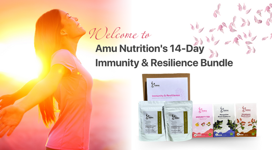 "AMU Nutrition's Immunity & Resilience bundle pack, showcasing bottles of vitamin and mineral supplements, omega-3 fish oil capsules, and stress-reducing adaptogen extracts, all positioned against a backdrop that signifies health and vitality."