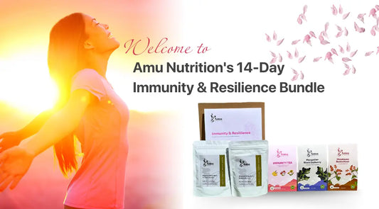 "AMU Nutrition's Immunity & Resilience bundle pack, showcasing bottles of vitamin and mineral supplements, omega-3 fish oil capsules, and stress-reducing adaptogen extracts, all positioned against a backdrop that signifies health and vitality."