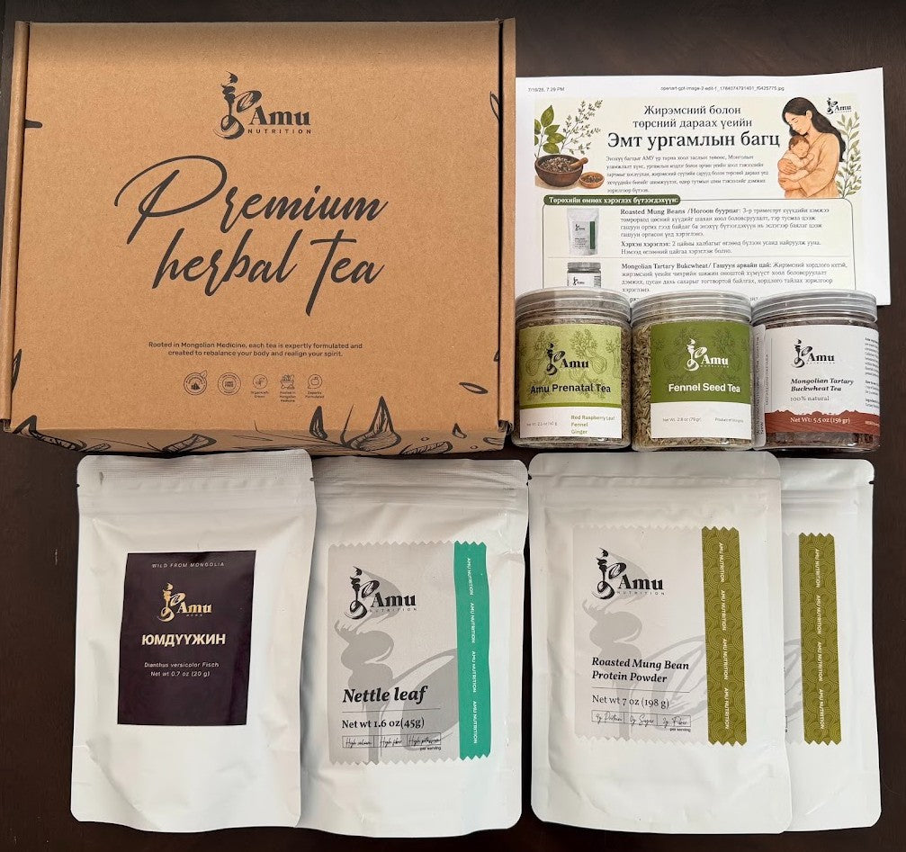 Amu Nutrition Mongolian Prenatal & Postpartum Herbal Tea Bundle with gift box, herbal jars, and tea pouches