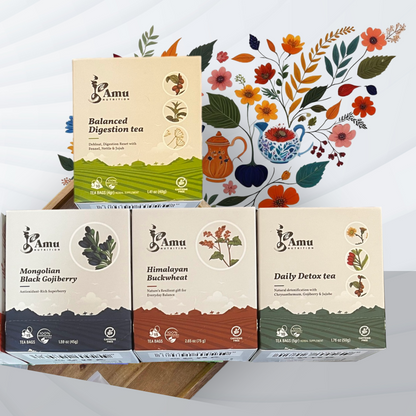 Mongolian Wellness Tea Gift Set- Caffeine-Free, Perfect Wellness Gift for You with Digestion, Calming, Blood Sugar Regulation, and High Antioxidant Benefits - 4-Tea Bundles With Sugar Cane Teabags