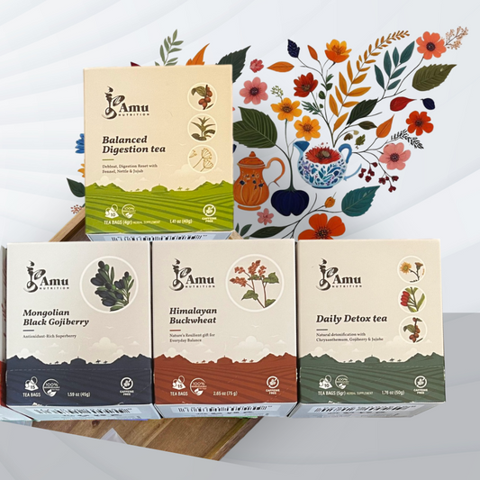 Mongolian Wellness Tea Gift Set- Caffeine-Free, Perfect Wellness Gift for You with Digestion, Calming, Blood Sugar Regulation, and High Antioxidant Benefits - 4-Tea Bundles With Sugar Cane Teabags