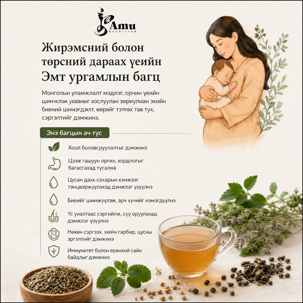 Infographic of mother holding baby with Mongolian herbal tea benefits for postpartum recovery, Amu Nutrition