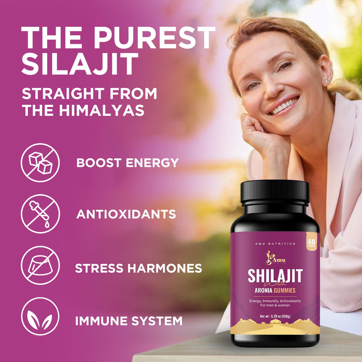 Shilajit with Aronia Gummies  for Men & Women 60 ct, made in USA